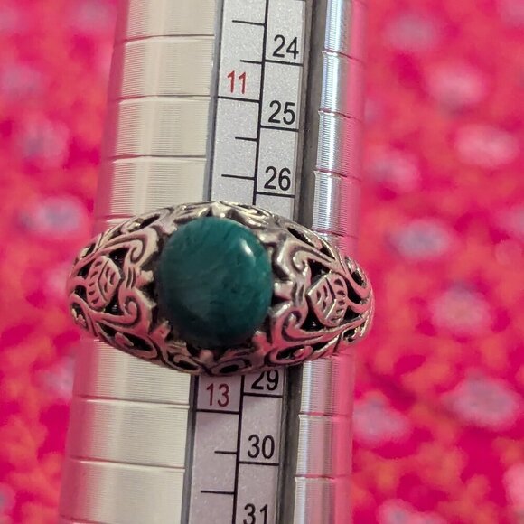 Malachite Sterling Silver Ring Filigree 925 Openwork Victorian Edwardian Estate - Picture 2 of 7